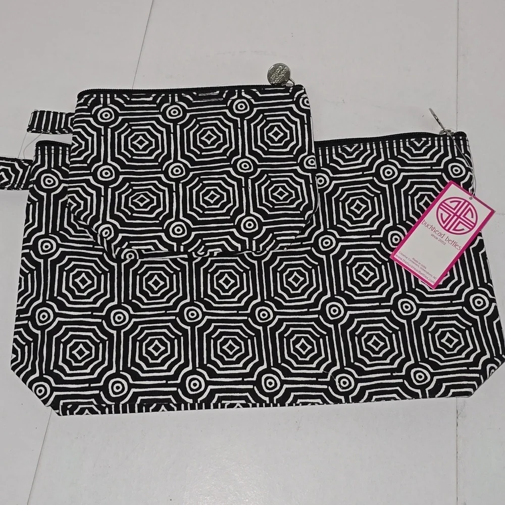 Buckhead Betties Echo Black Zipper Makeup Cosmetic Large & Small Bag Set NWT